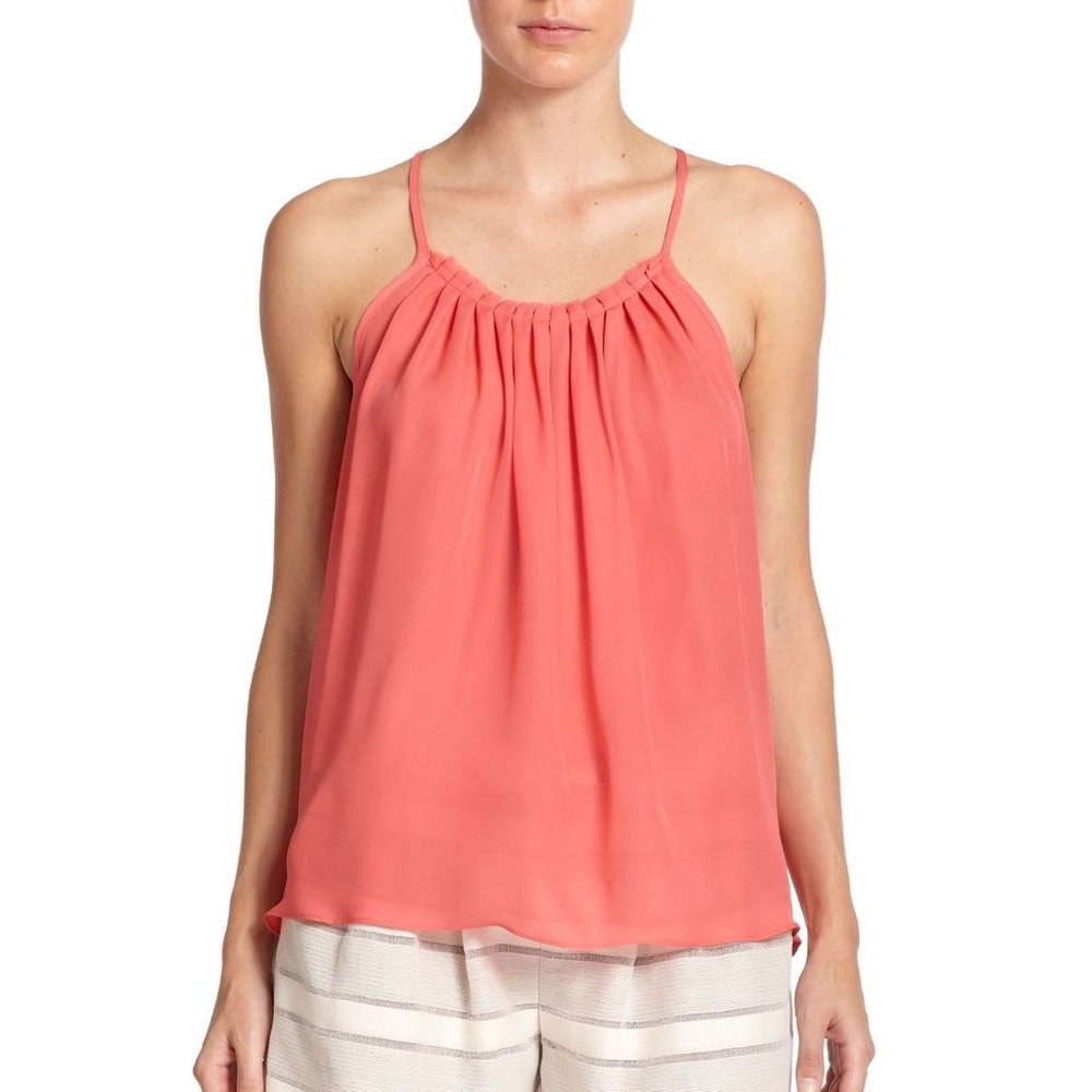 $285 RAMY BROOK Olivia Pleated SILK Tank Top DISTRESS TRIMS SPICY BLUSH ( M )